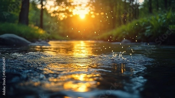 Fototapeta Sunlight at dusk splashes over a gently rippling river, with water droplets catching the golden light, set against a forested and lush backdrop, creating a magical and serene natural scene.