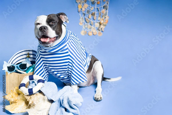 Fototapeta A dog in a navy vest, a sailor dog in a striped suit