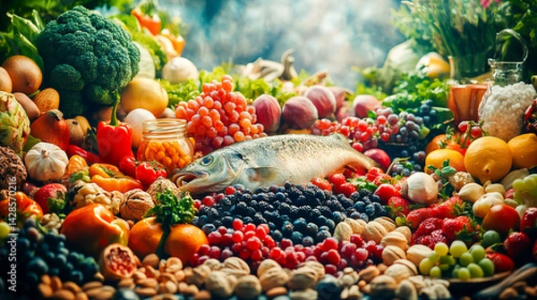 Fototapeta Artful arrangement of brainboosting foods vibrant display of nuts fatty fish colorful vegetables and berries clean bright lighting emphasizes fresh wholesome qualities