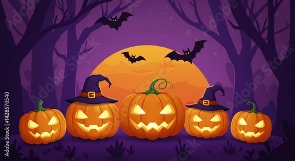 Fototapeta Smiling Pumpkins with Witch Hats in Spooky Forest at Night