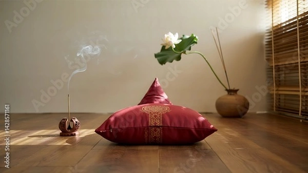 Obraz A red and gold patterned cushion rests on a wooden floor, with incense smoke and a white lotus in an earthenware vase. Light streams from a window.