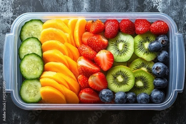 Fototapeta Lunchbox filled with sliced fruits and veggies in colorful pattern