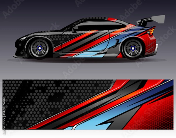 Fototapeta Car wrap design vector. Graphic abstract stripe racing background designs for vehicle, rally, race, adventure and car racing livery	