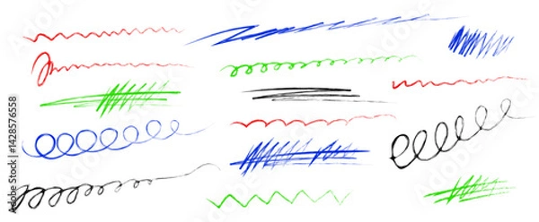 Fototapeta Colorful marker pen crayon scribbles and underline elements. Handdrawn set of scrawls, crayon scribble line, grunge line, rough brush charcoal ink stroke, emphasis mark, strikethrough. Kit for design