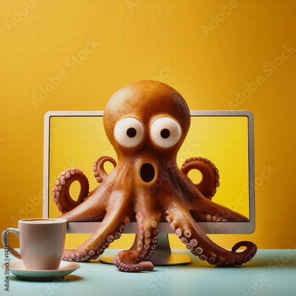 Obraz OIL PAINTING STYLE ILLUSTRATION surprised octopus look in front of desktop computer looking at monitor in yellow background