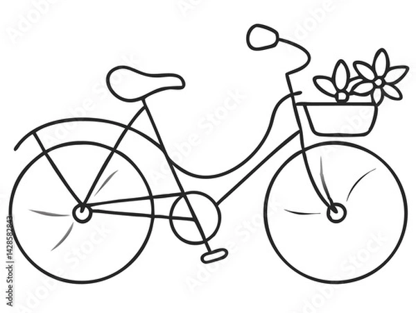 Fototapeta Charming Line Art of a Bicycle with a Floral Basket for Vintage and Nature-Inspired Designs