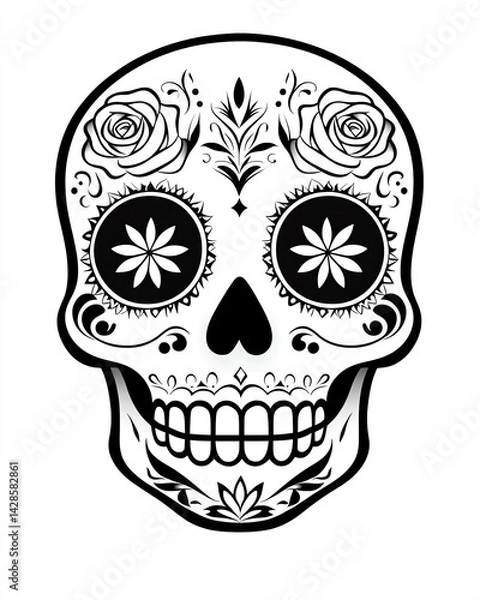 Fototapeta sugar skull design with stylized roses, black and white Day of the Dead motif, crisp vector lines, ornamental and festive look