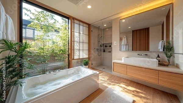 Fototapeta Modern bathroom with large bathtub filled with bubbles, surrounded by lush greenery and natural light, offering a serene and luxurious relaxation space.