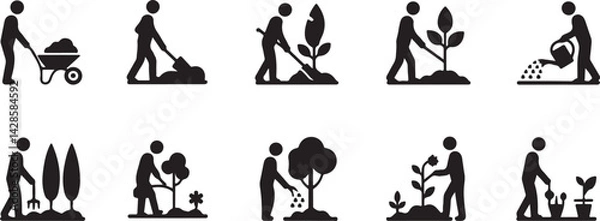 Fototapeta Gardening Activities Icon Set Planting, Watering, and More