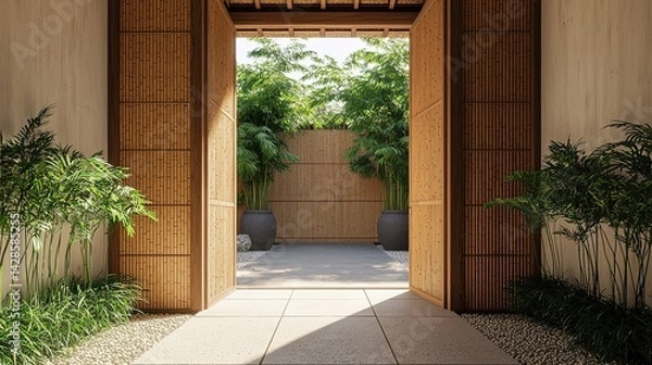 Fototapeta Tranquil bamboo garden pathway elegant japanese retreat landscape serene environment wide view nature concept