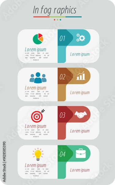 Fototapeta Clean and colorful infographic layout with 4 steps and icons – perfect for business reports, presentations, data analysis, and digital content creation.