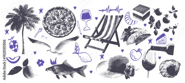 Fototapeta Mediterranean summer photocopy collage with grunge doodle scribbles collection. Elements pizza, fish, cheese, tomato, lemon, wine, seagull, beach lounger. Modern retro vector illustration.