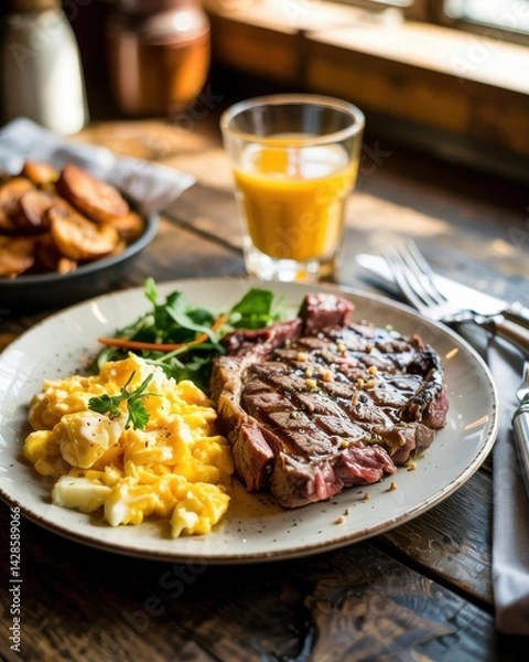 Fototapeta Breakfast served with steak, scrambled eggs, and orange juice in a rustic cafe setting