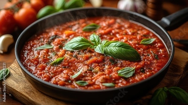 Obraz Aromatic Homemade Tomato Sauce in a Rustic Pan