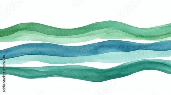 Fototapeta Abstract watercolor painting of flowing, wavy lines in various shades of teal and green.