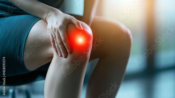 Fototapeta Close-up of a painful, inflamed knee joint, highlighting discomfort.
