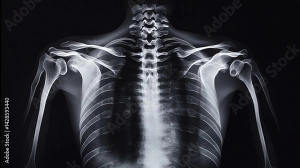Fototapeta X-ray image of the human upper body skeletal structure.