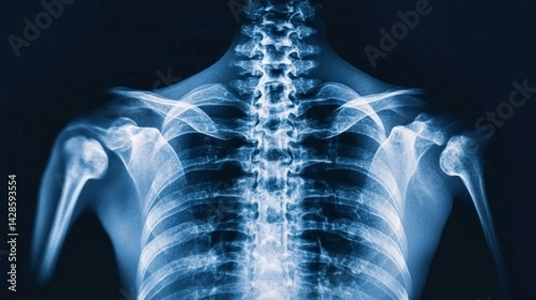 Fototapeta X-ray image displaying human skeletal structure of the upper back and shoulders.