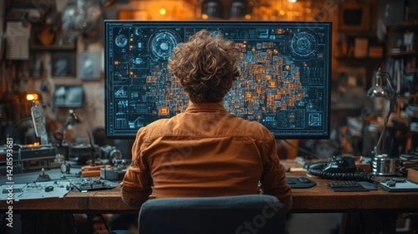 Fototapeta Focused Programmer in Retro Workshop
