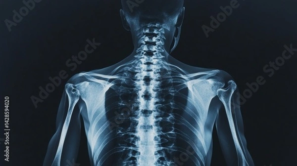 Fototapeta X-ray image of a human spine and upper body skeletal structure.