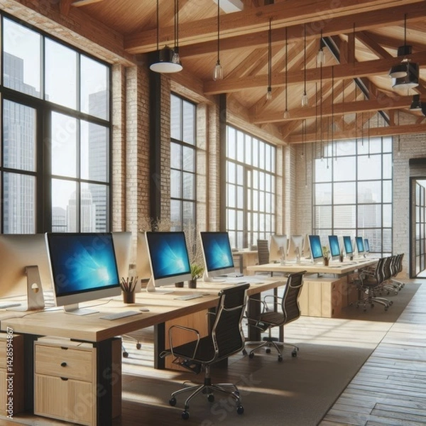Fototapeta Modern open-plan office interior with wooden beams, brick wall and large desktop computers on light wood tables in natural light environment.