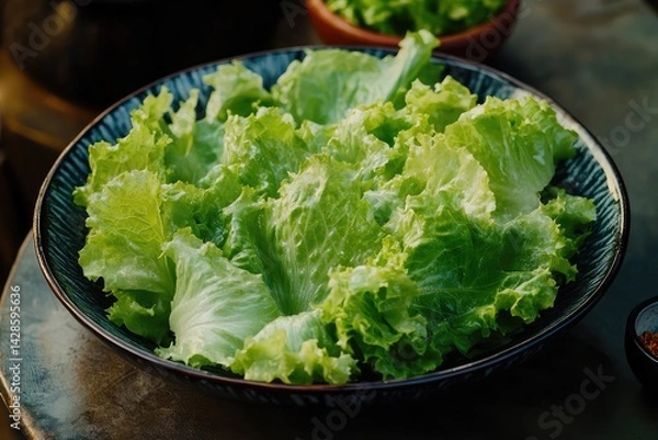 Fototapeta A platter of crisp lettuce leaves visibly green and translucent served as a healthy and vibrant snack