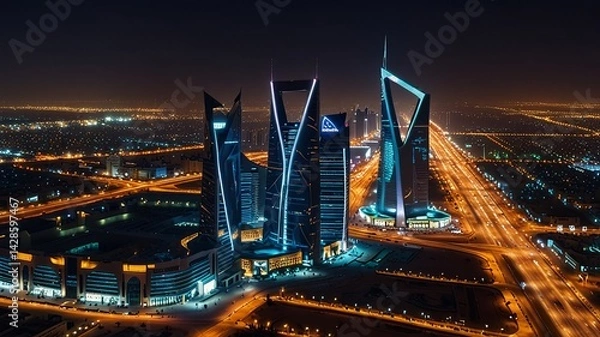 Fototapeta Night panorama of modern business district in Riyadh, Saudi Arabia. Aerial view city skyline with illuminated skyscrapers, highways, modern architecture.