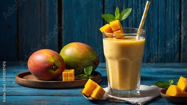 Obraz Fresh delicious mango juice smoothie in a glass on table background