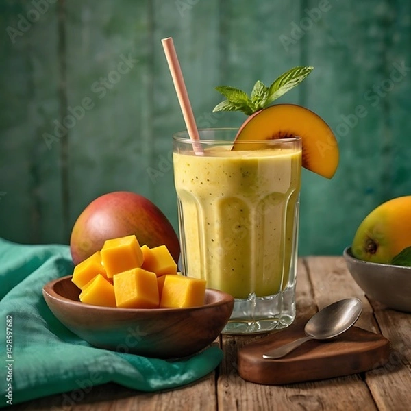 Obraz Fresh delicious mango juice smoothie in a glass on table background
