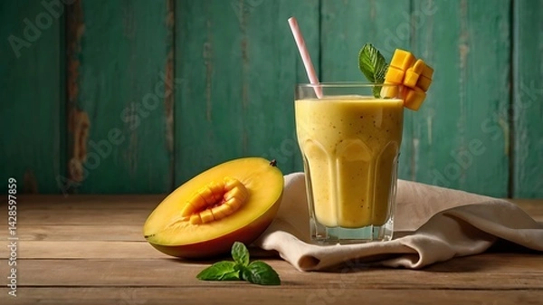 Obraz Fresh delicious mango juice smoothie in a glass on table background