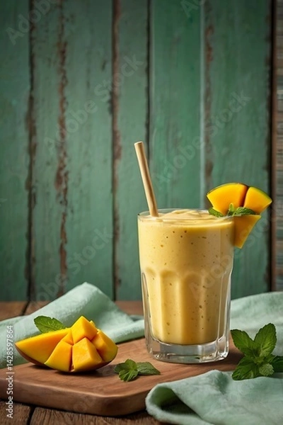 Obraz Fresh delicious mango juice smoothie in a glass on table background