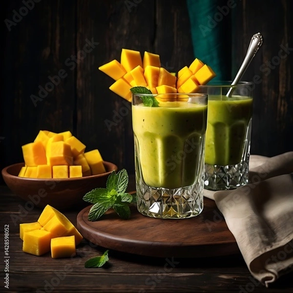 Obraz Fresh delicious mango juice smoothie in a glass on table background