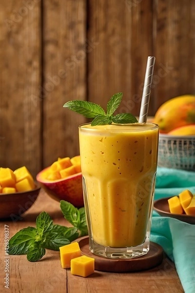 Obraz Fresh delicious mango juice smoothie in a glass on table background