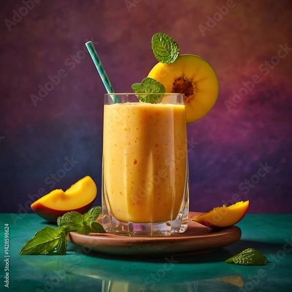 Obraz Fresh delicious mango juice smoothie in a glass on table background