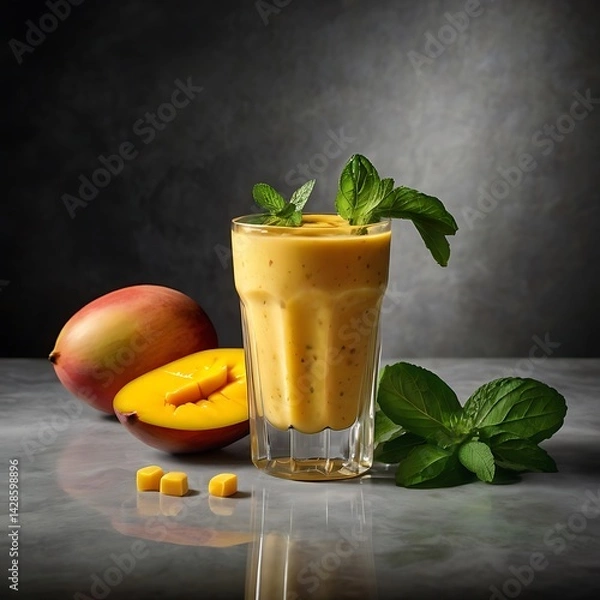 Obraz Fresh delicious mango juice smoothie in a glass on table background