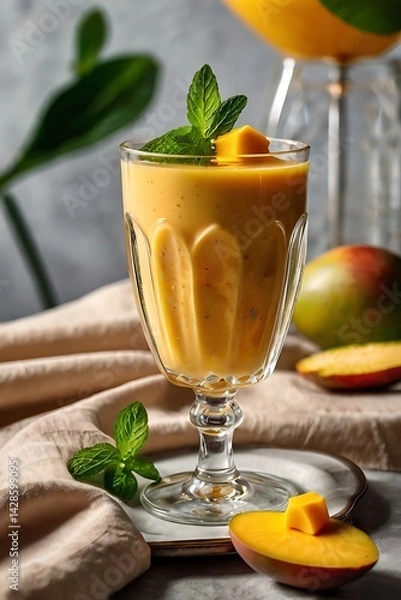 Obraz Fresh delicious mango juice smoothie in a glass on table background