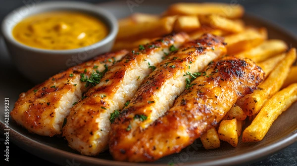 Fototapeta Crispy chicken tenders with honey mustard dipping sauce and a side of fries