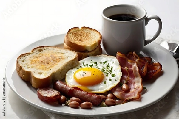 Fototapeta Enjoy a hearty morning meal featuring fried eggs, crispy bacon, toasted bread, savory sausage, and baked beans.