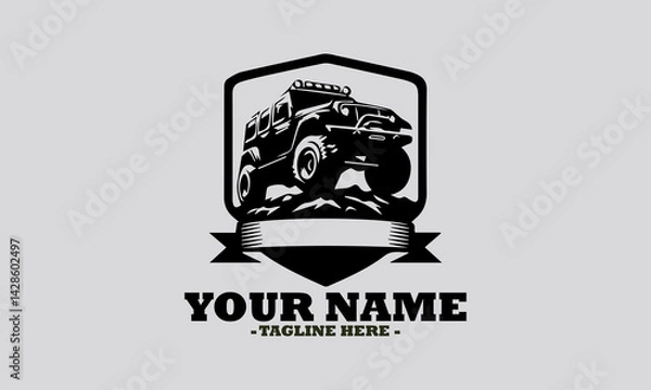 Obraz silhouette illustration of a powerful off-road pickup truck navigating a rugged rocky terrain with a decorative banner. Off road car logo icon design illustration and off road car vector logo design