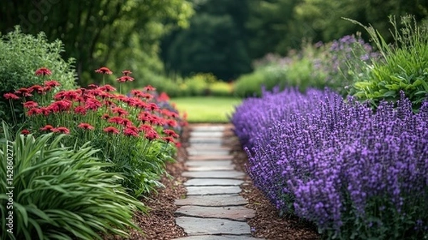 Fototapeta Stone - paved garden walkway surrounded by striking red flowers and dense purple lavender, set against a backdrop of greenery and trees.