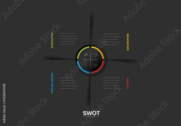 Obraz SWOT Dark Analysis Infographic Template utlines strengths, weaknesses, opportunities, and threats
