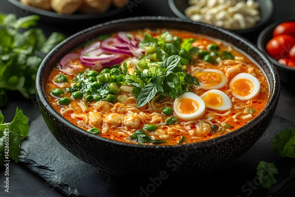 Fototapeta Curry Laksa styled on rustic black stone table with side ingredients