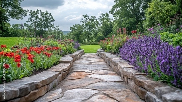 Fototapeta Rustic stone - lined garden path with vivid red blooms and abundant purple lavender on either side, under a partly cloudy sky with lush foliage in the distance.