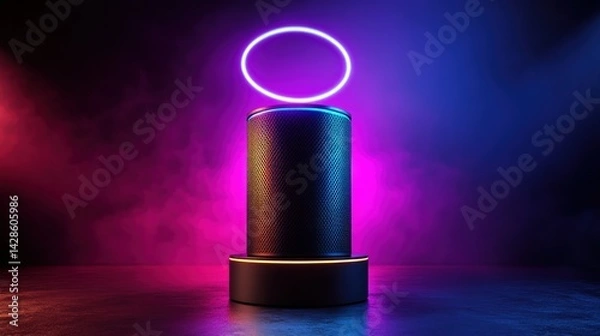Fototapeta Modern speaker on a pedestal, illuminated by vibrant neon lights