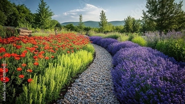 Fototapeta Meandering pebble garden trail bordered by expansive fields of red flowers and purple lavender, with a scenic backdrop of hills and clear skies.