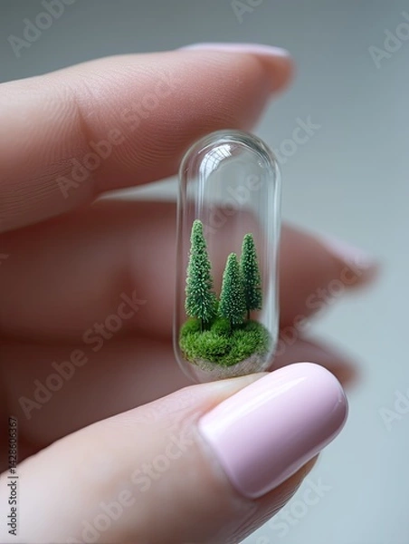 Obraz A small glass capsule containing a miniature forest scene with tiny trees and moss, held delicately by a hand with a pastel manicure