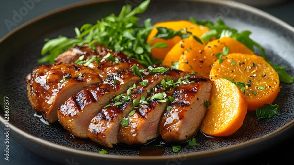 Fototapeta Duck à l'Orange served on dark grey textured plate with fresh garnish top view