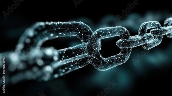 Fototapeta abstract representation of blockchain technology, interconnected digital blocks forming a chain over a glowing dark background