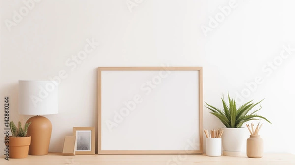 Fototapeta Blank Frame Mockup Wooden Frame Tabletop Plants Lamp