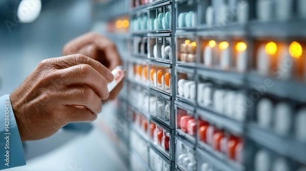 Fototapeta A pair of hands adjusting a medication dosage on a digital pill dispenser, with modern technology in the background, symbolizing the fusion of health tech and medication management.